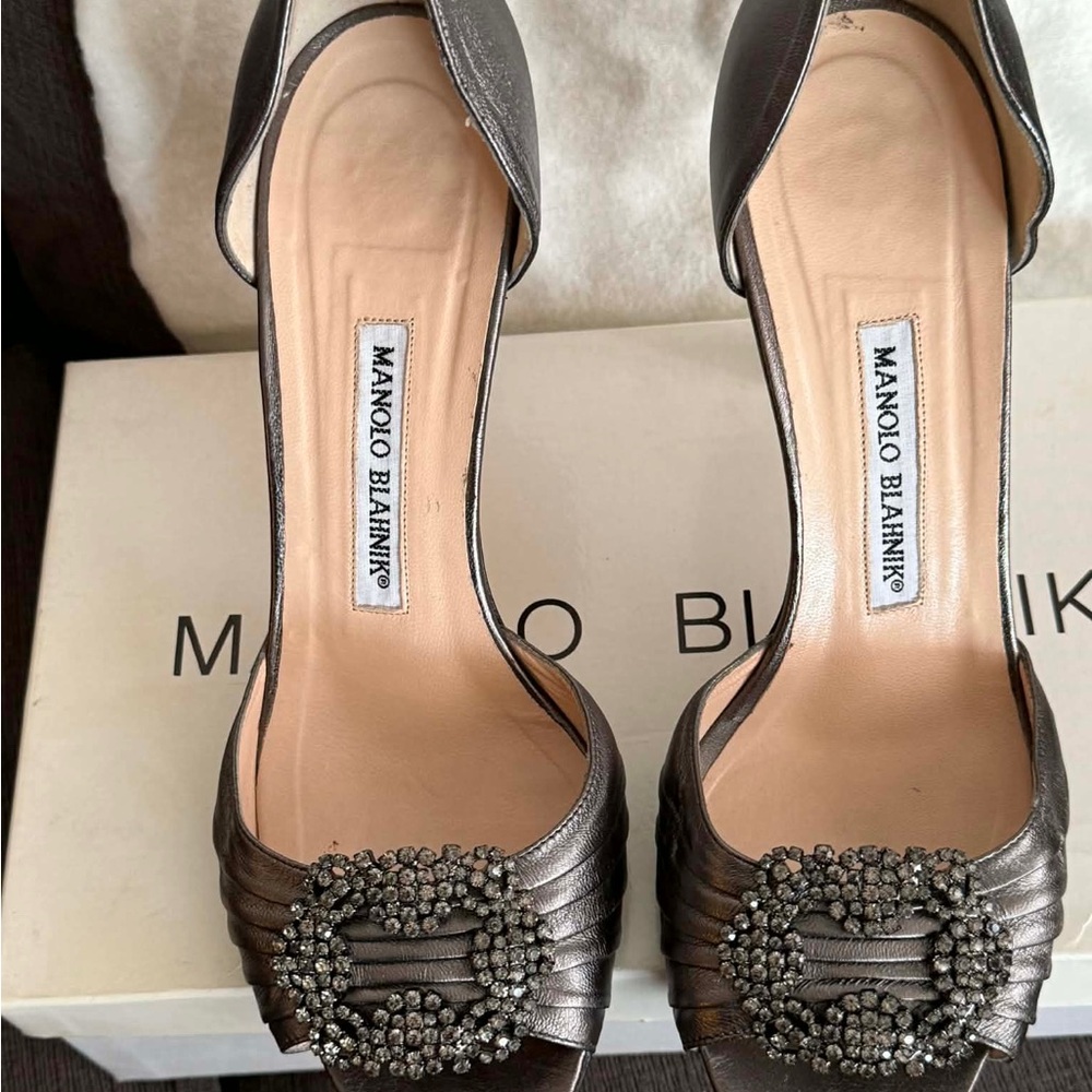 Manolo Blahnik Gunmetal Peep-Toe Heels